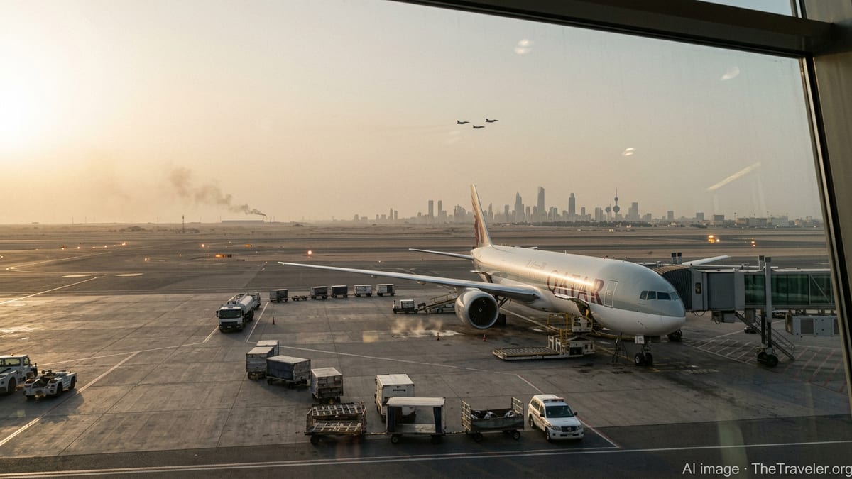 View from Kuwait airport terminal over busy apron with jet and distant smoke plume on horizon.