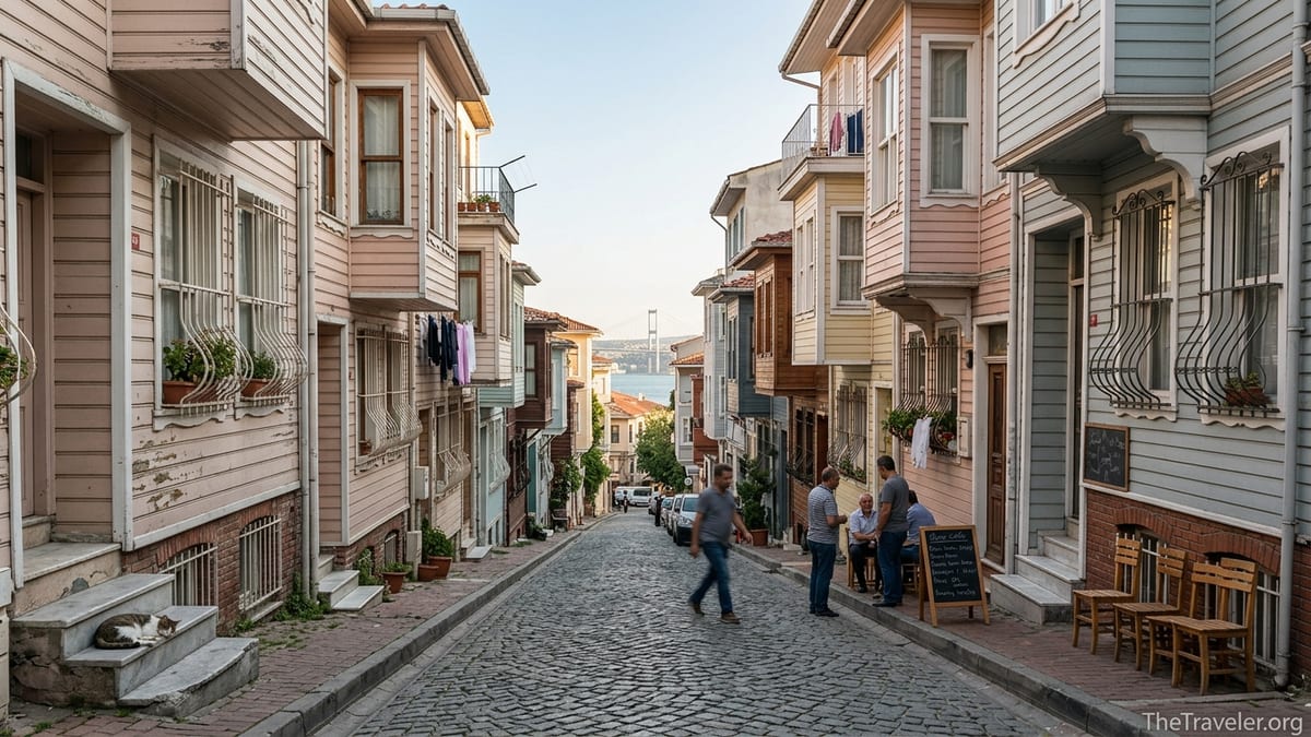 Colorful wooden houses and a small café on a quiet cobbled street in Kuzguncuk, Istanbul.