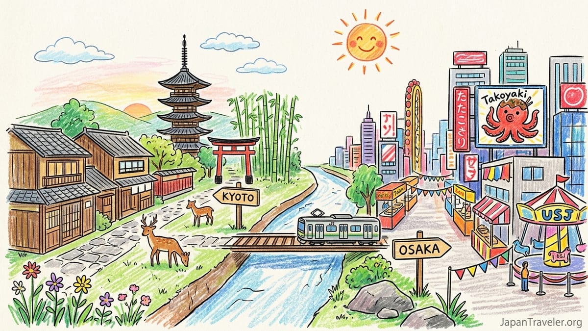 Kyoto’s traditional riverfront houses with Osaka’s modern skyline faintly visible in the distance.