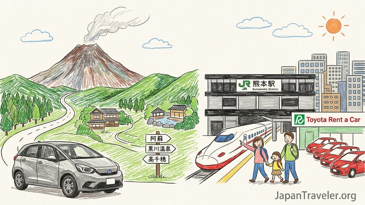 Compact rental car parked on a misty mountain road in rural Kyushu at sunrise.