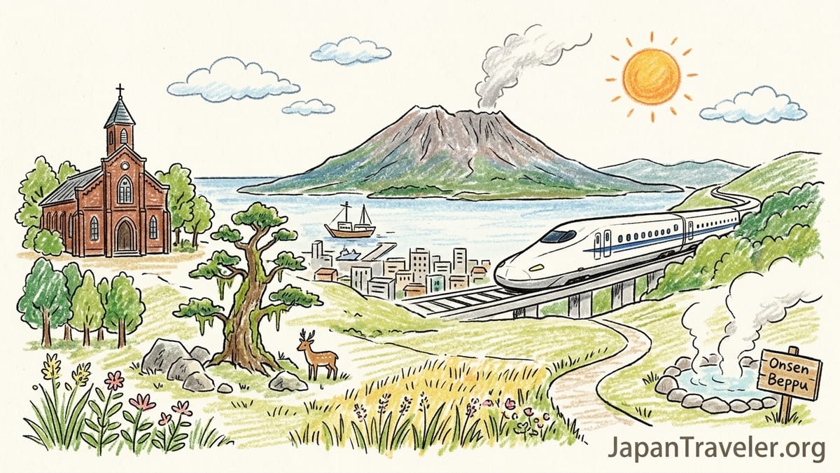 View over Kagoshima Bay toward Sakurajima volcano at sunset in Kyushu, Japan