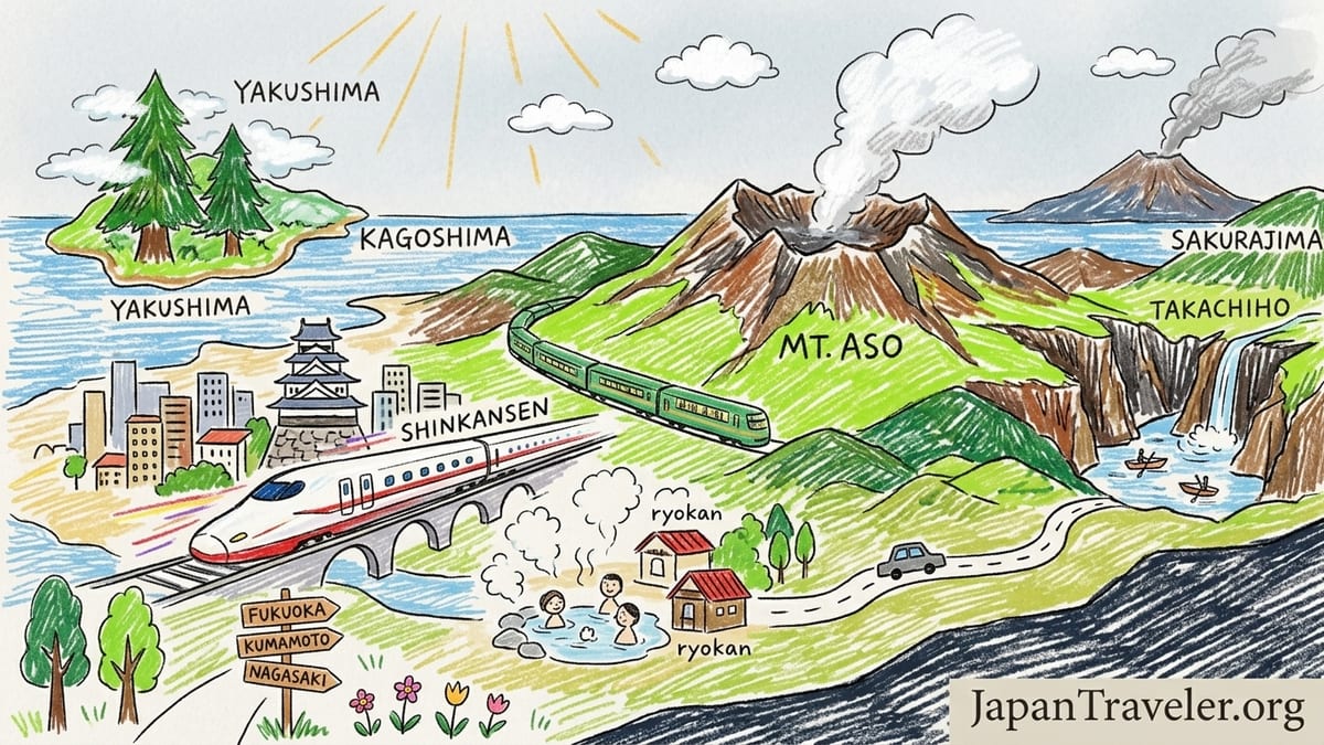Steamy Kyushu onsen town at sunrise with wooden ryokan and volcanic hills.