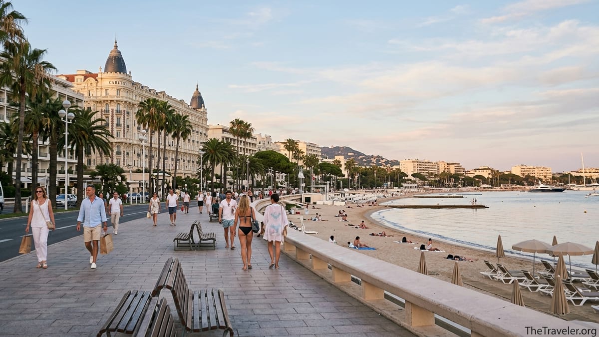 Evening view of La Croisette in Cannes with the Carlton hotel, palm trees and beach at golden hour.