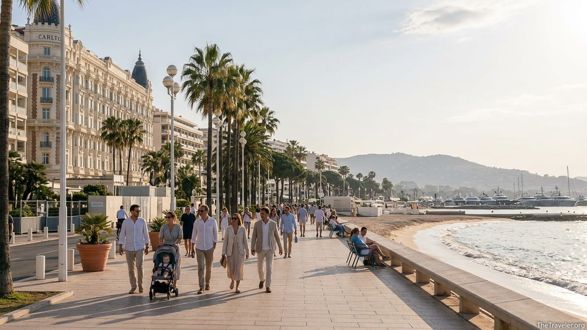 Early evening view of La Croisette in Cannes with people walking between the beach and grand hotels.