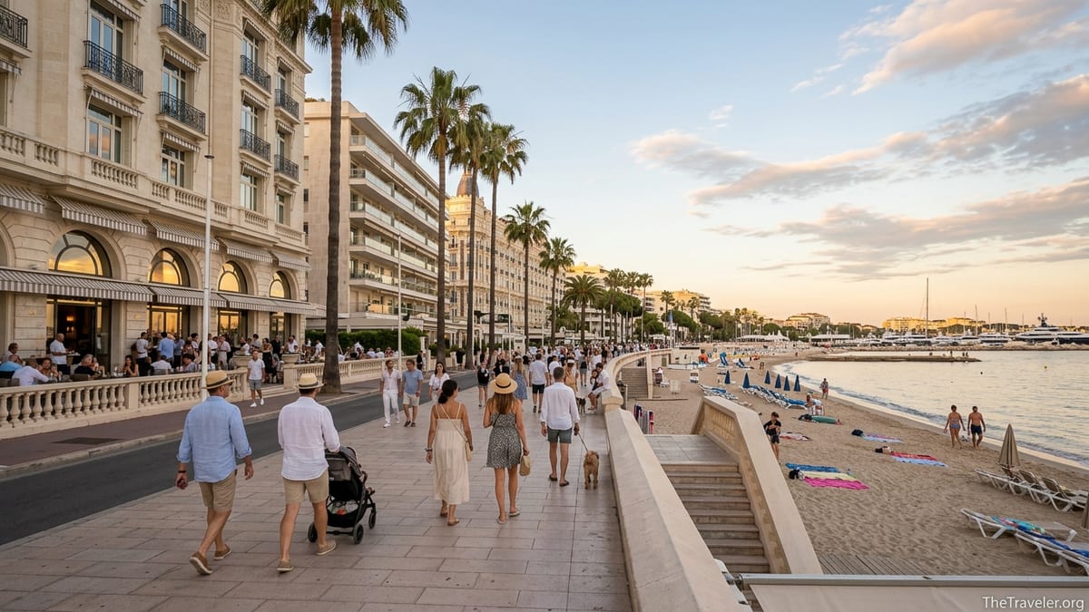 Early evening view of La Croisette in Cannes with beach, hotels and people strolling the seafront.