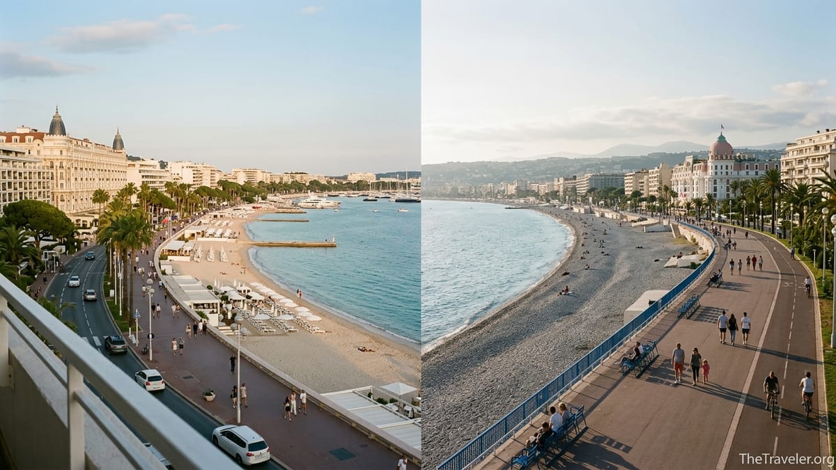 Split coastal view of Cannes La Croisette and Nice Promenade des Anglais at golden hour on the French Riviera.