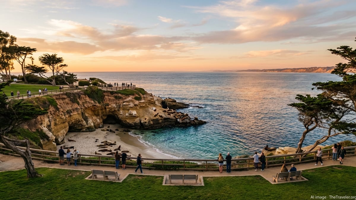 Golden hour view over La Jolla Cove with cliffs, sea lions on rocks, and visitors on the grassy bluff above the Pacific.