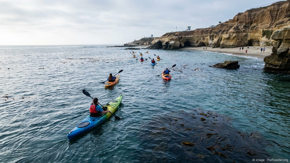 Kayakers departing La Jolla Shores toward cliffs and sea caves in calm blue-green water.