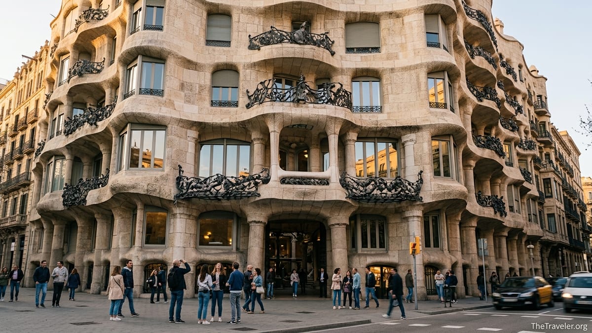 Street view of La Pedrera’s stone façade and balconies at golden hour in Barcelona