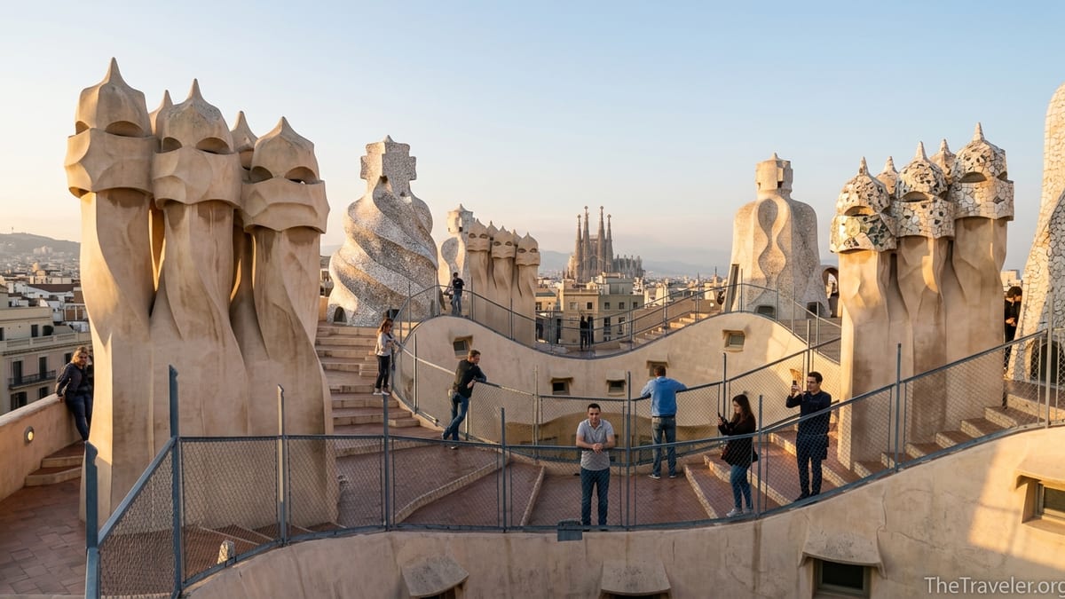 Rooftop of La Pedrera in Barcelona with Gaudí chimneys and city views at golden hour.
