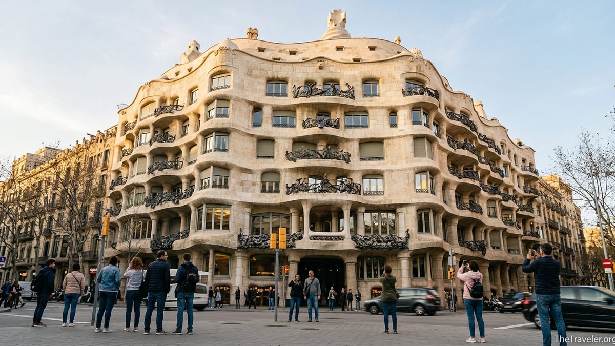Visitors on Passeig de Gràcia looking up at Gaudí’s wavy stone façade of La Pedrera in Barcelona.