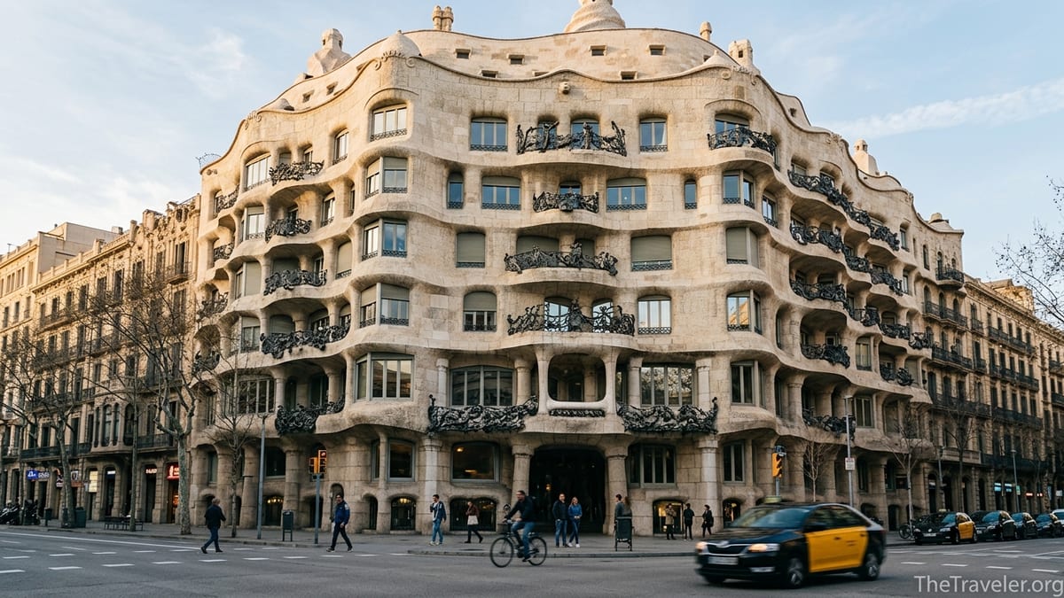 Late afternoon street view of La Pedrera in Barcelona with pedestrians and warm sunlight on the facade.