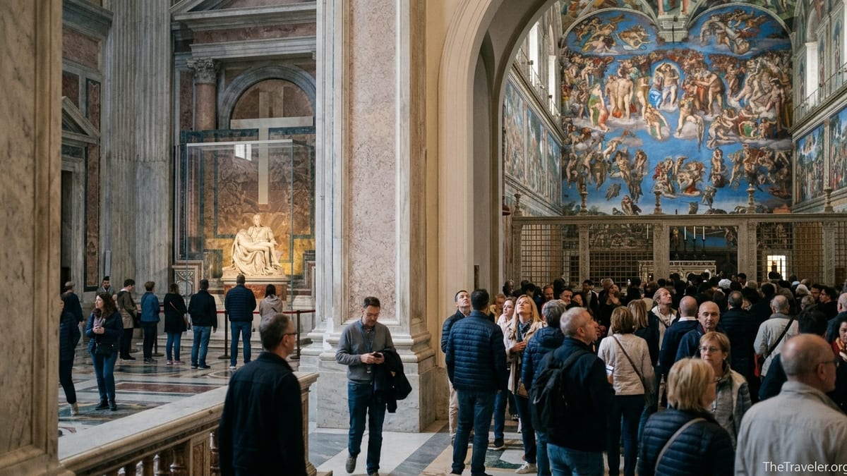 Visitors in Vatican City moving between St Peter’s Basilica and the Sistine Chapel, hinting at La Pietà and The Last Judgment