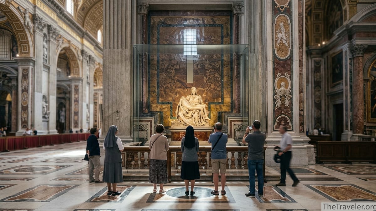 Visitors viewing Michelangelo’s La Pietà behind glass inside St Peter’s Basilica in Vatican City.