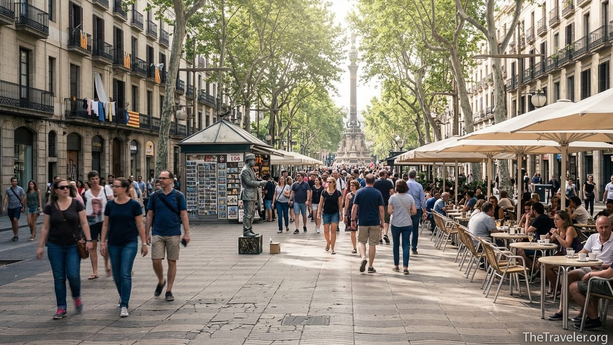 Crowded spring afternoon on Barcelona’s La Rambla with terraces, trees, and street life.