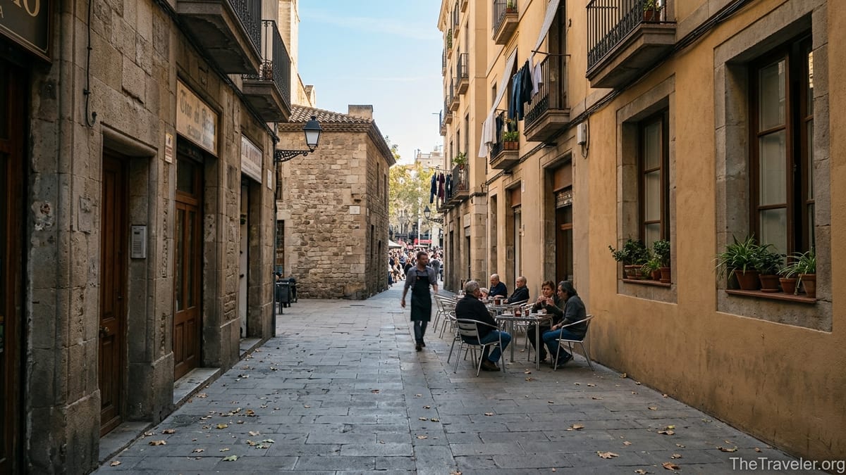 Quiet side street off La Rambla opening into a small Barcelona square with local café tables.