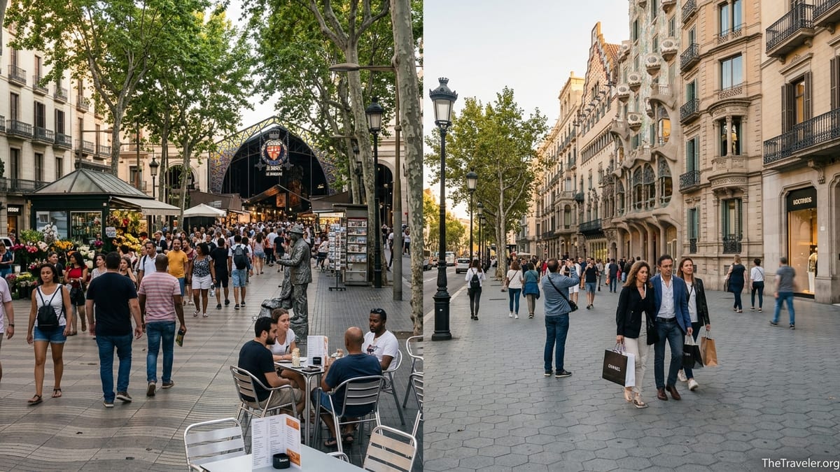 Street scene contrasting busy La Rambla with elegant Passeig de Gràcia in central Barcelona at golden hour.