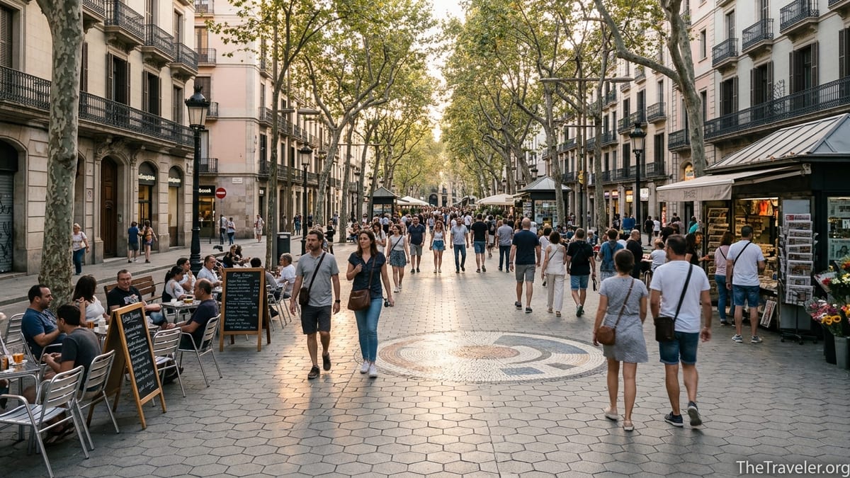 Early evening crowd strolling along tree-lined La Rambla in Barcelona with cafés and flower stalls.