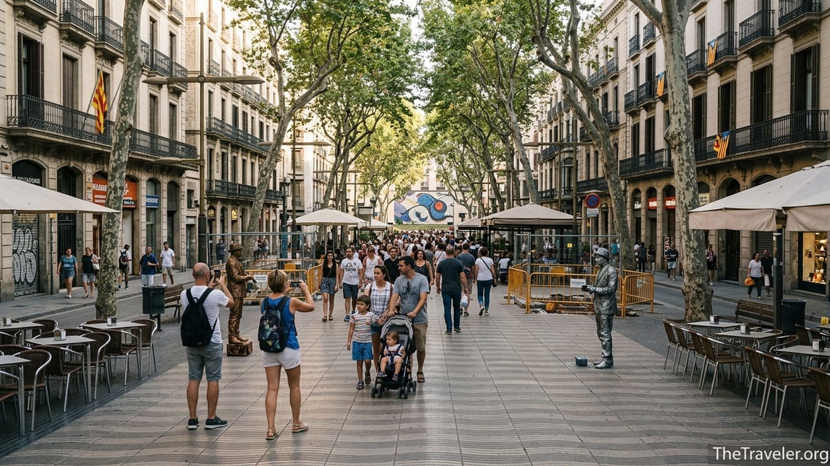Crowded afternoon scene along tree-lined La Rambla in Barcelona with cafés and pedestrians.