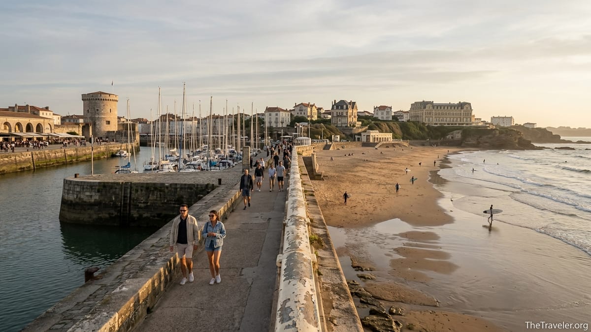 Harbor towers and marina of La Rochelle blending into a sandy surf beach reminiscent of Biarritz at sunset.