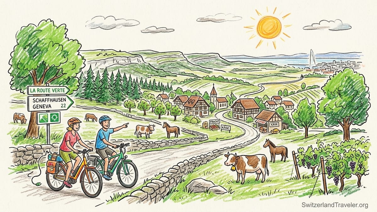 Two e-bike riders on a rural road in the Swiss Jura with cows and rolling green hills.