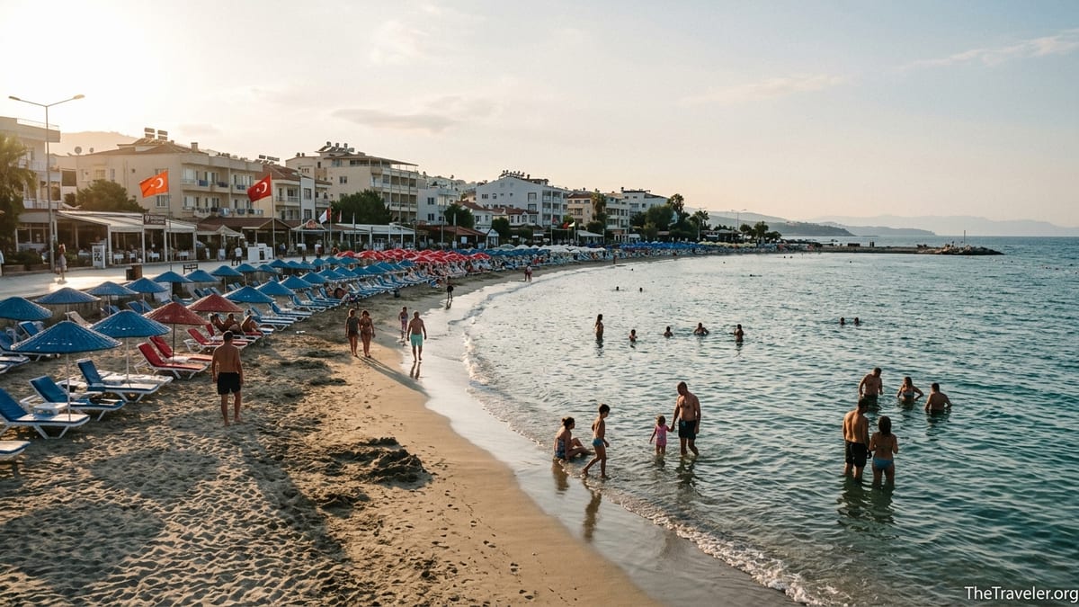 Late afternoon view of Ladies Beach Kusadasi with swimmers, umbrellas and seafront promenade.