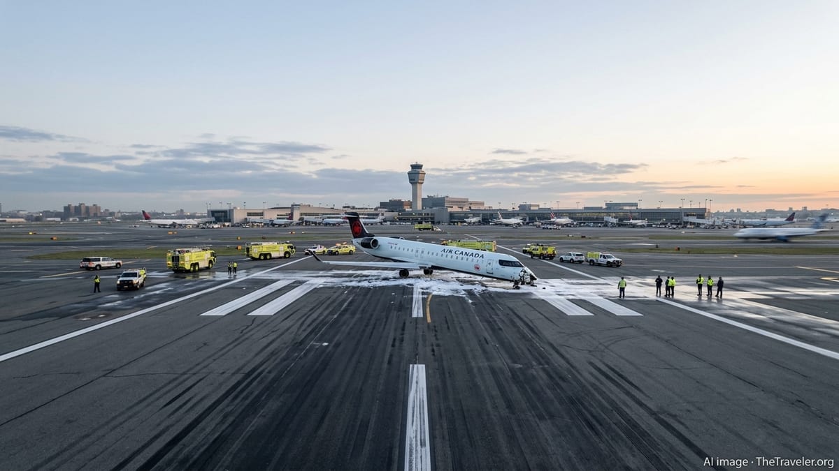 Damaged regional jet and emergency vehicles on LaGuardia runway in early morning light.