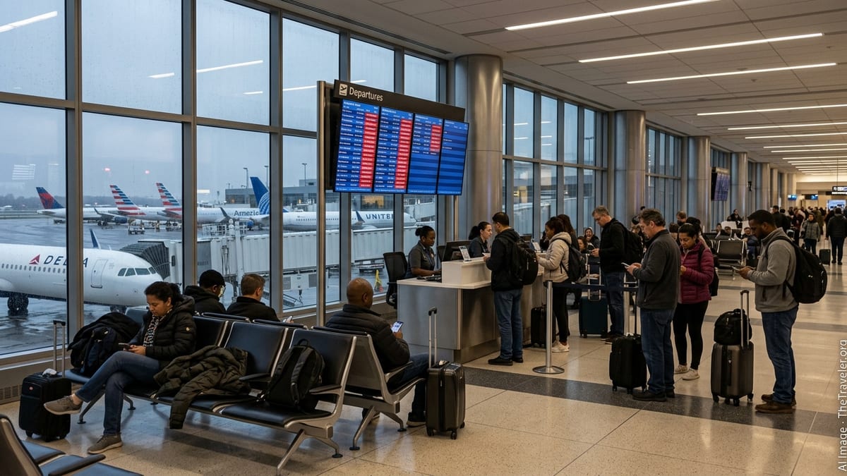 Crowded LaGuardia Airport concourse with grounded jets and departure boards showing cancellations.