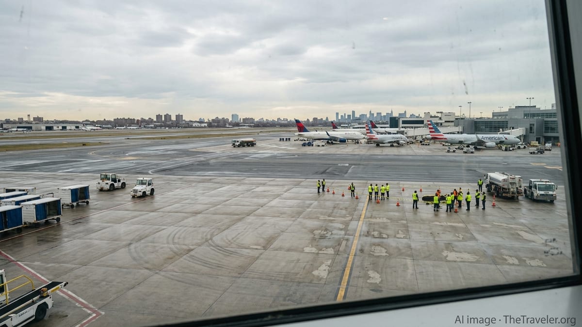 View over LaGuardia Airport runway as ground crews work near a closed tarmac area.