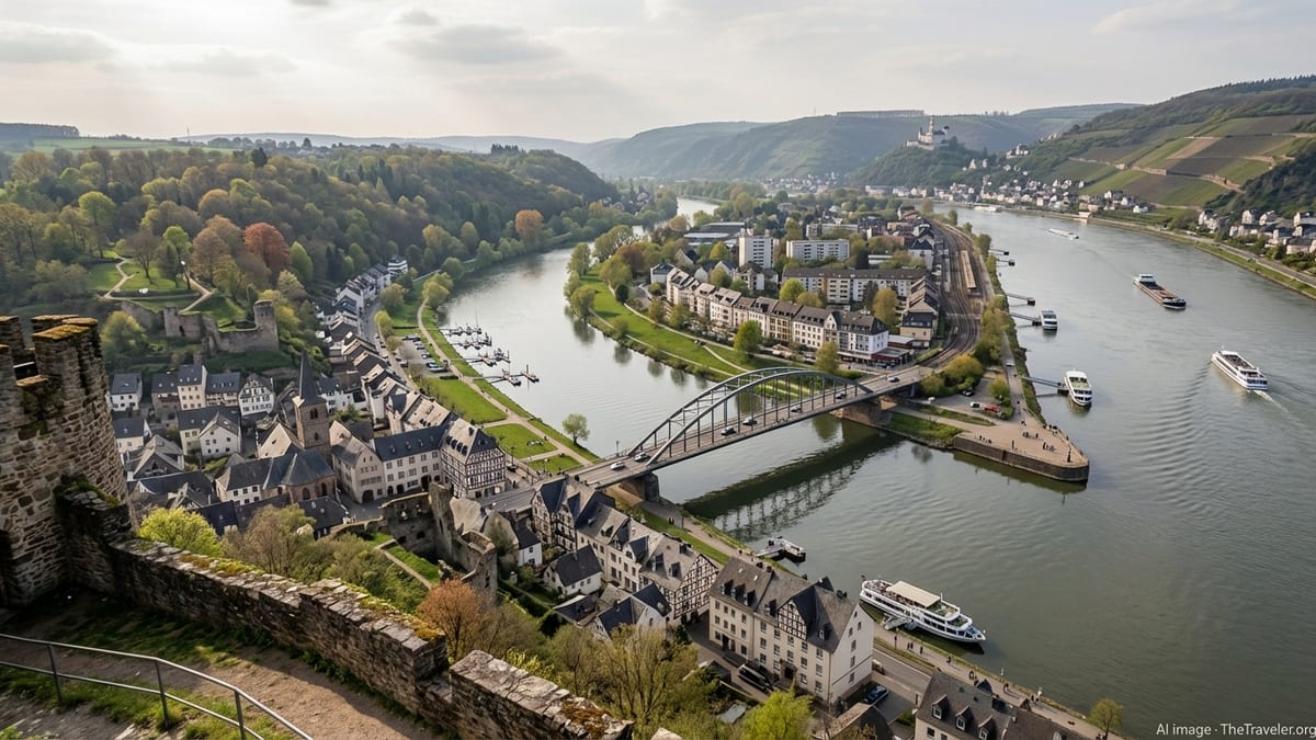 Late afternoon view of Lahnstein, the Lahn and Rhine rivers from Lahneck Castle.