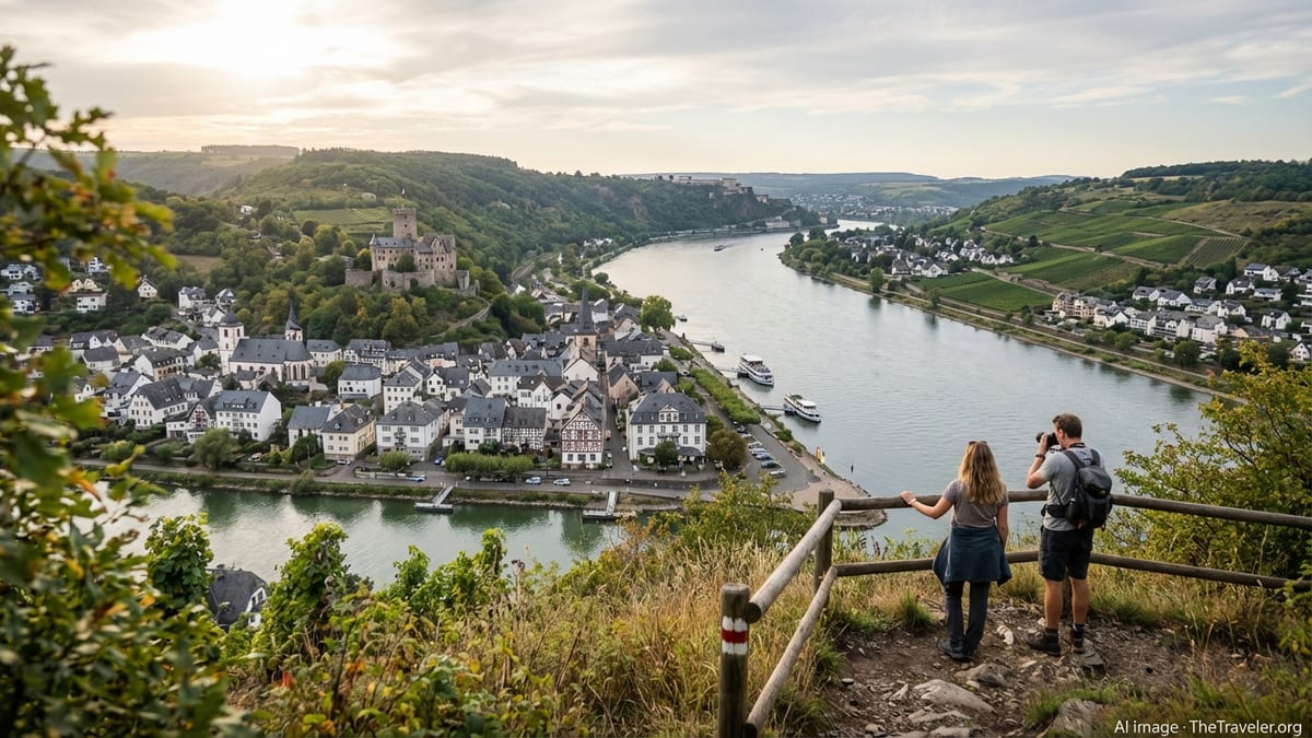 Elevated view of Lahnstein, Lahneck Castle, and Rhine river in early autumn. 