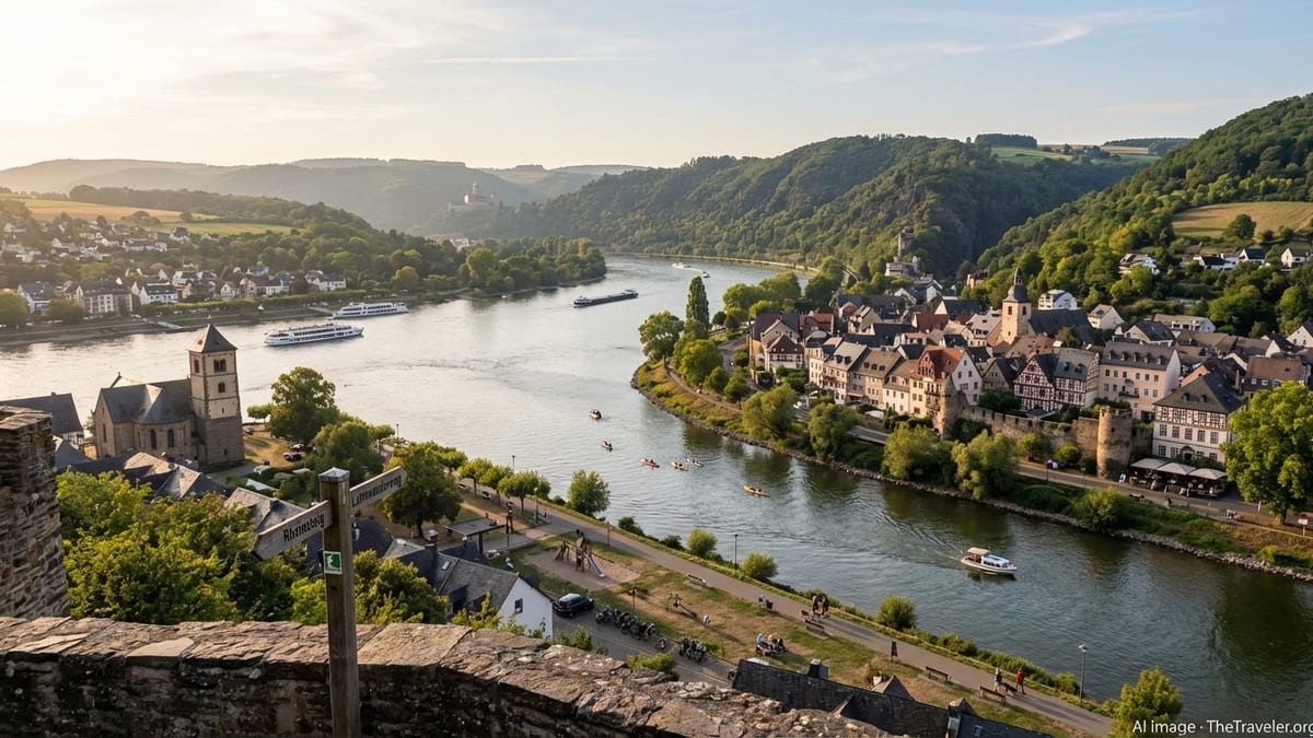 Elevated view of Lahnstein at golden hour, capturing the confluence of Lahn and Rhine rivers.