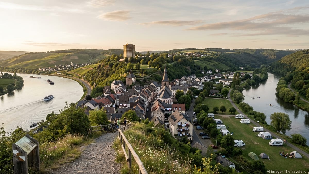Aerial view of Lahnstein town, rivers, vineyards, and camping site during sunset.