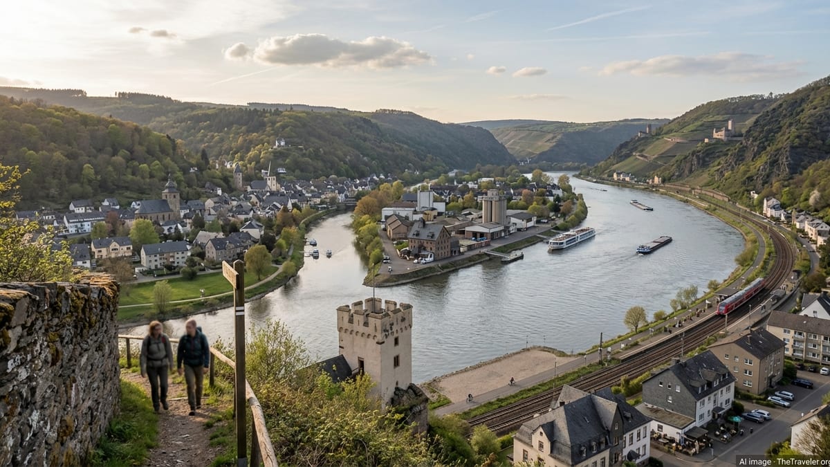Late afternoon view of Lahnstein town and rivers from Lahneck Castle hillside. 