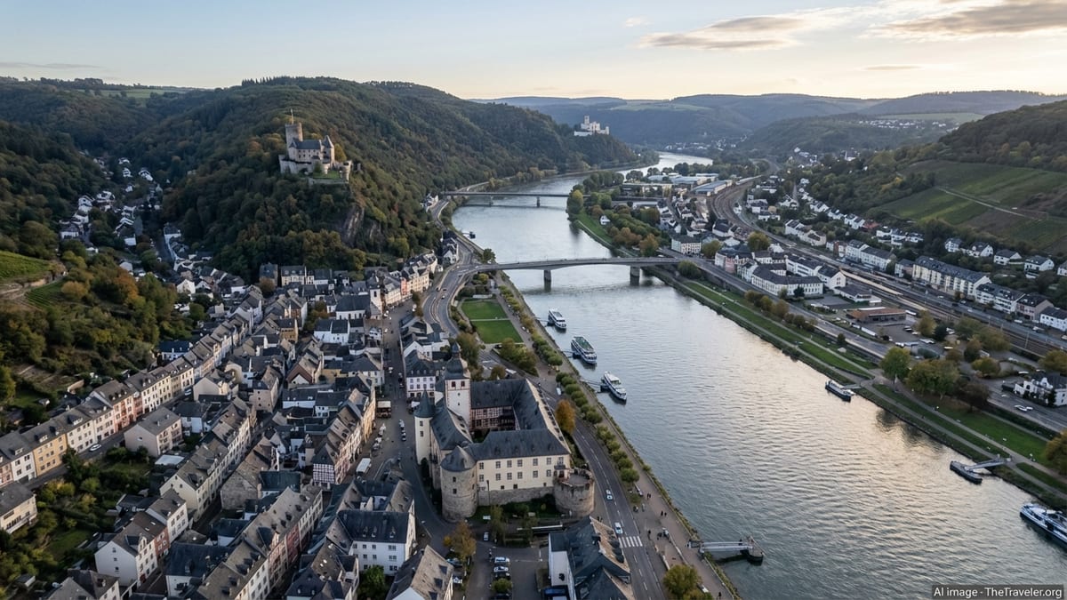Aerial view of Lahnstein's Y-shaped structure at the Rhine and Lahn rivers confluence. 