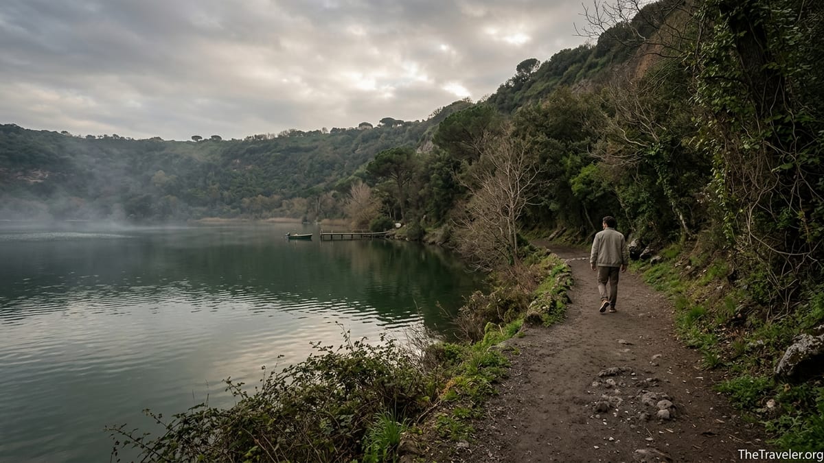 Person walking along the atmospheric crater rim path beside Lake Averno in Campi Flegrei, Italy.