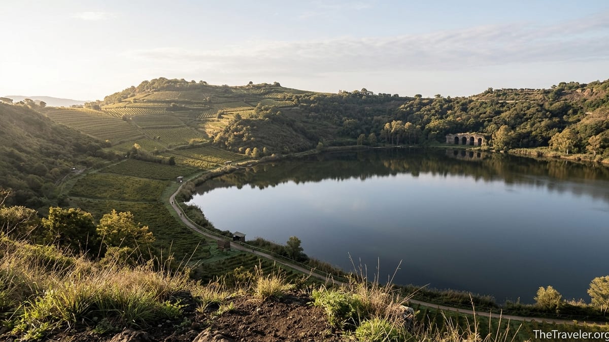 Early-morning view over Lake Averno with vineyards, woods, path, and subtle Roman ruins on the far shore.