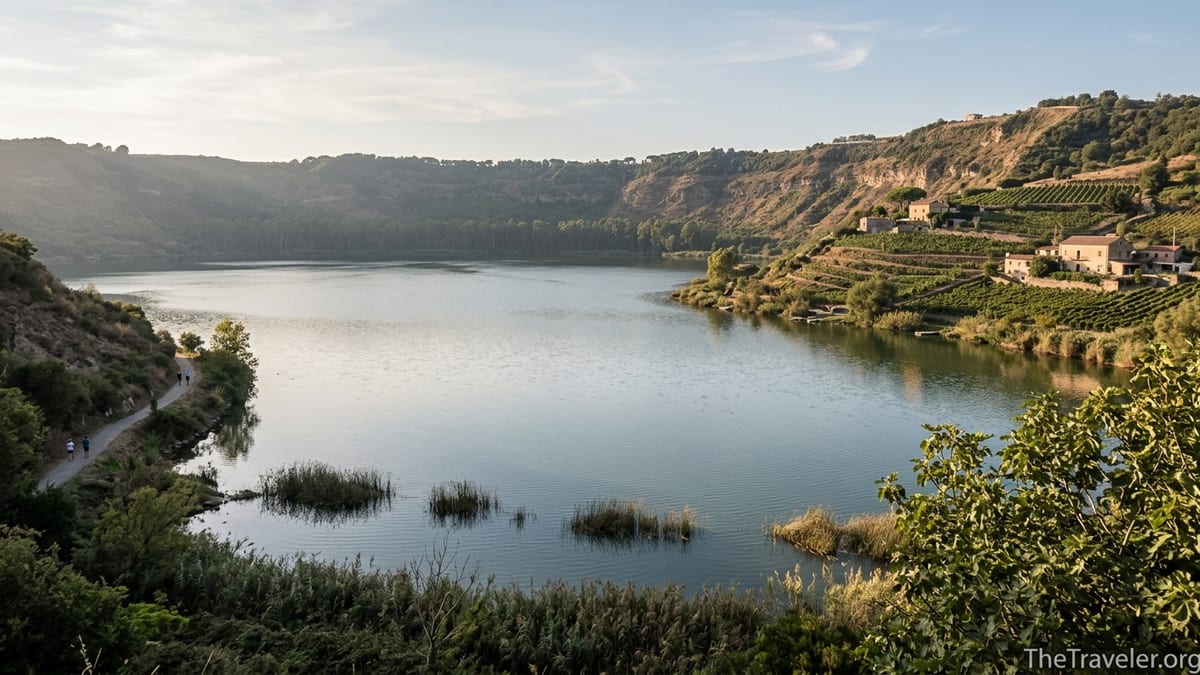 Late afternoon view of Lake Averno crater lake with vineyards and walkers on the shore in Campi Flegrei, Italy.