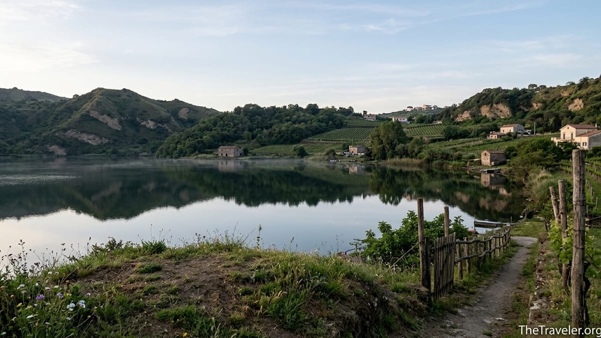 Misty morning view of Lake Averno with vineyards and wooded crater slopes near Naples, Italy.