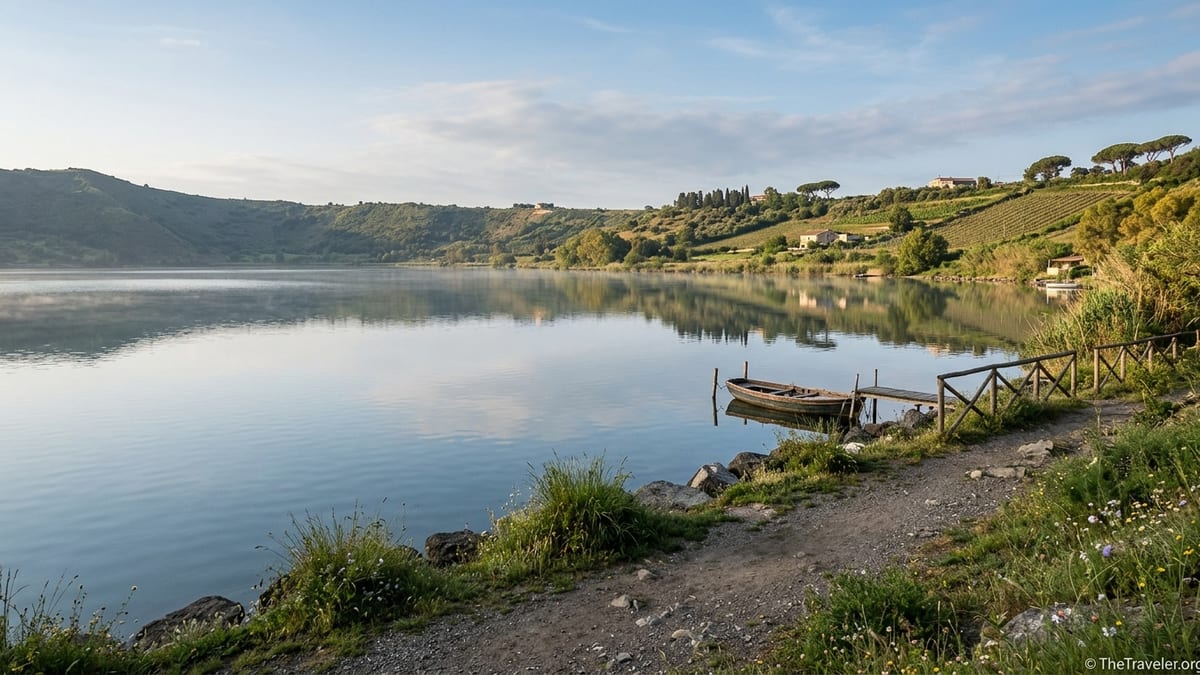 Calm Lake Averno near Naples with vineyards on crater slopes and a small jetty at sunrise.