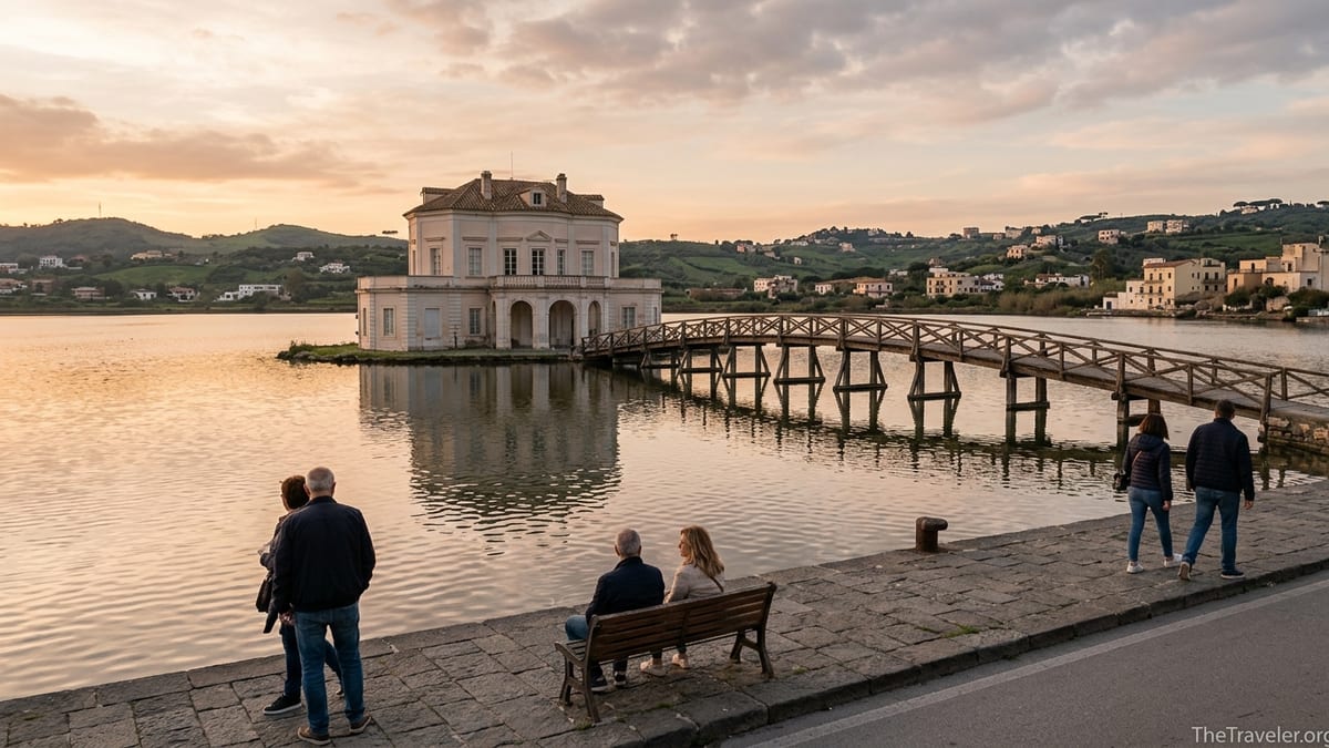 Golden hour view of Lake Fusaro and Casina Vanvitelliana with locals strolling along the promenade.