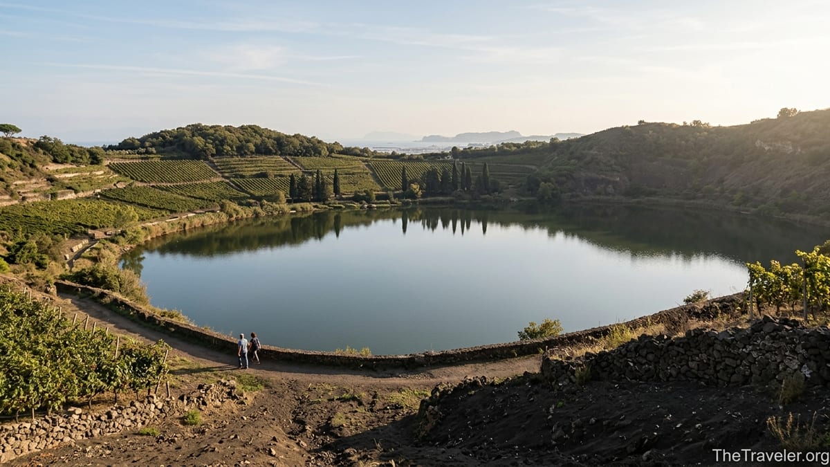 Lake Averno crater lake with vineyards and walkers on the shoreline path near Pozzuoli, Italy.