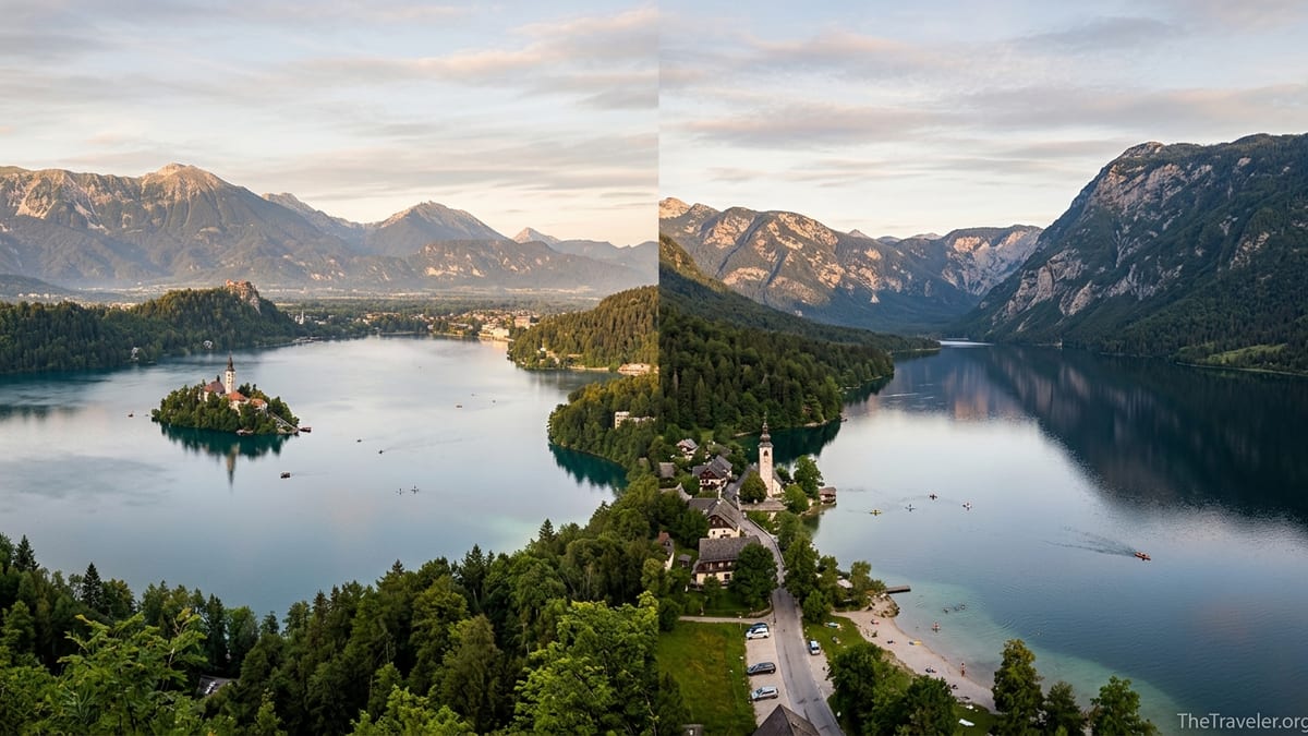 Panoramic sunrise view of Slovenia’s Lake Bled and Lake Bohinj surrounded by forested Julian Alps.