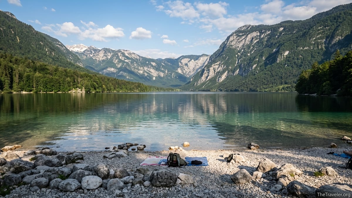 Pebble beach and clear turquoise water of Lake Bohinj with forested mountains and cliffs in the background.