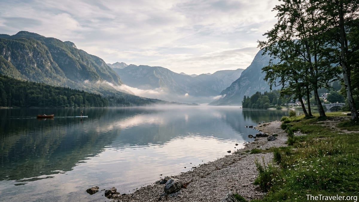 Calm sunrise over Lake Bohinj with misty mountains and a lone paddleboarder on still water.