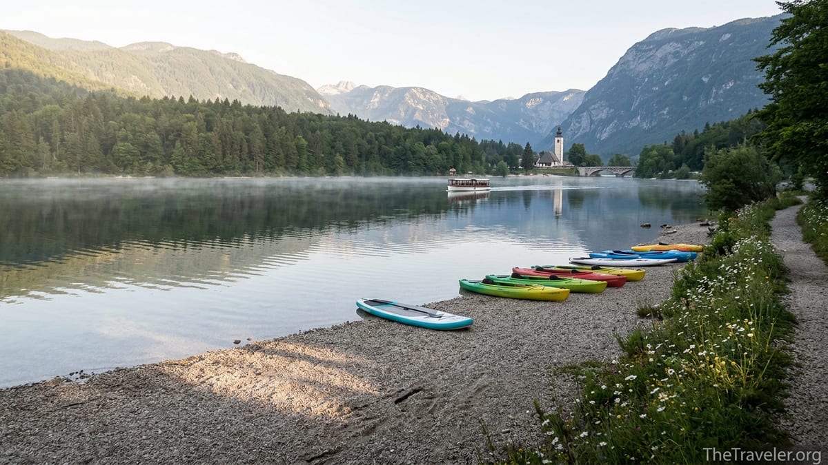Early morning calm on Lake Bohinj with kayaks on a pebble shore and mountains reflected in still water.