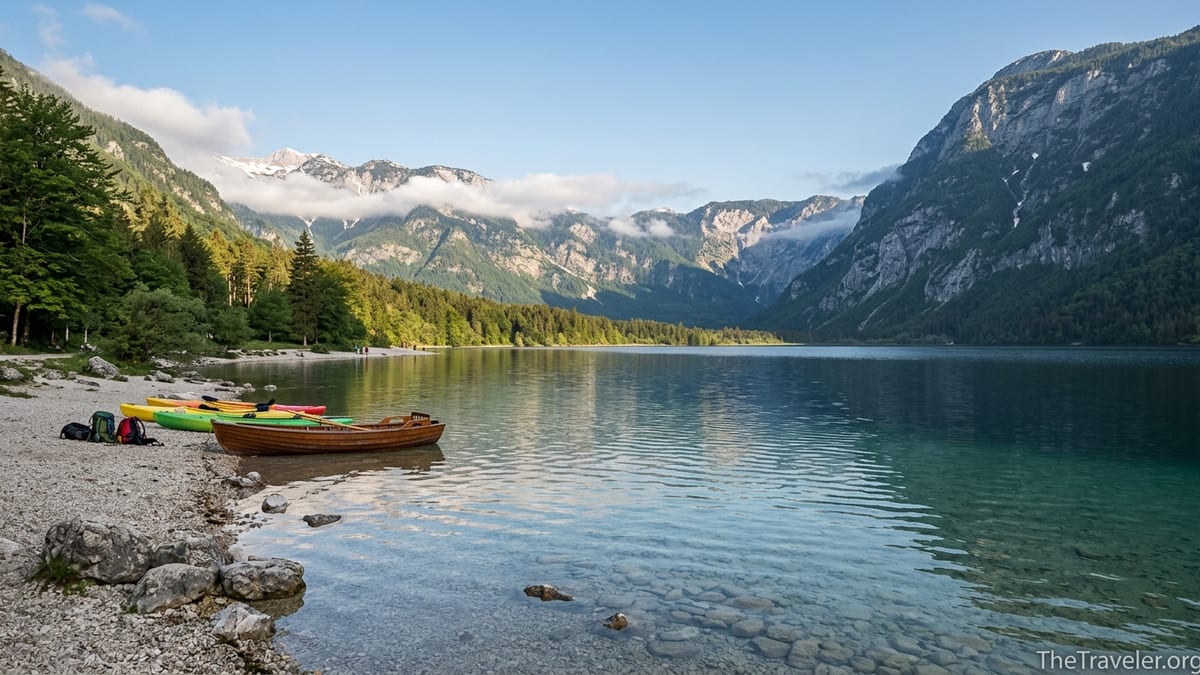 Calm morning view of Lake Bohinj with boats on the shore and Julian Alps in the background.