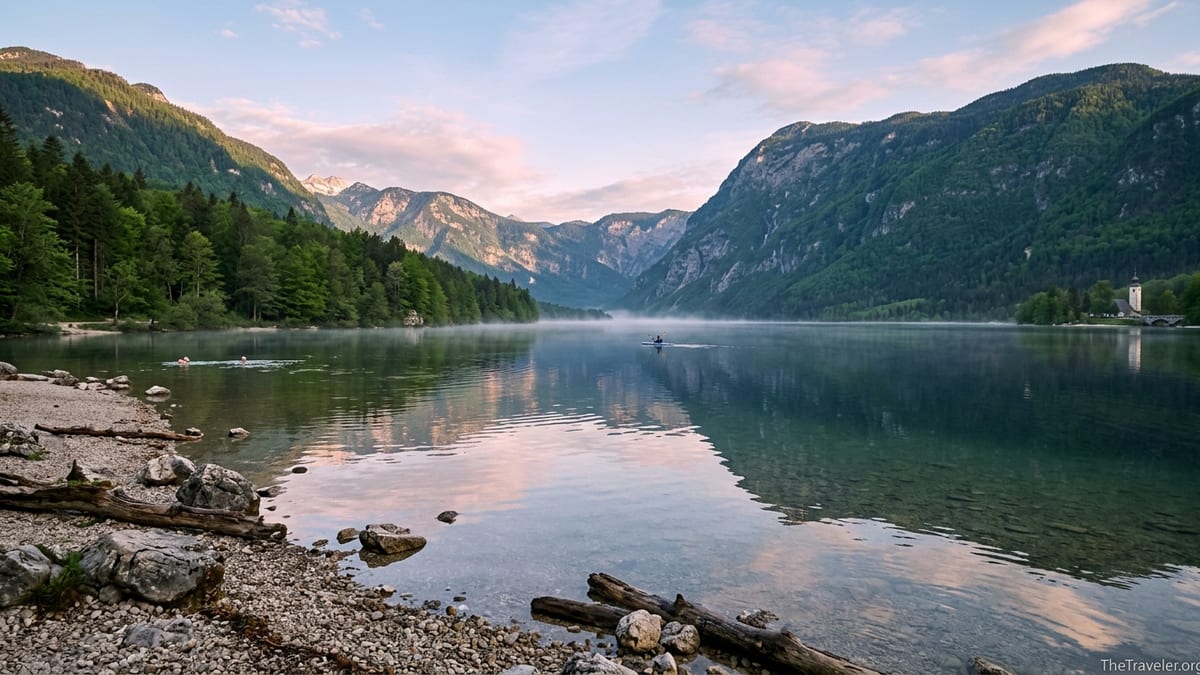Calm Lake Bohinj at sunrise with mountains, forest and reflections in Slovenia.
