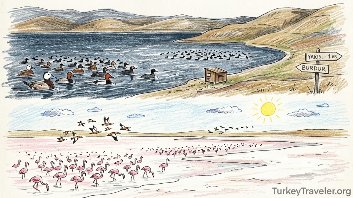 Winter view over Lake Burdur with distant waterbird flocks and a spotting scope on a shore platform.