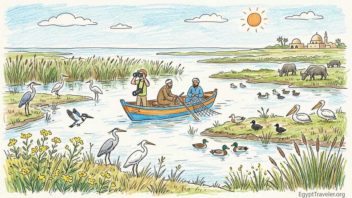 Sunrise boat on Lake Burullus passing reed beds and fishing skiffs with waterbirds in flight.